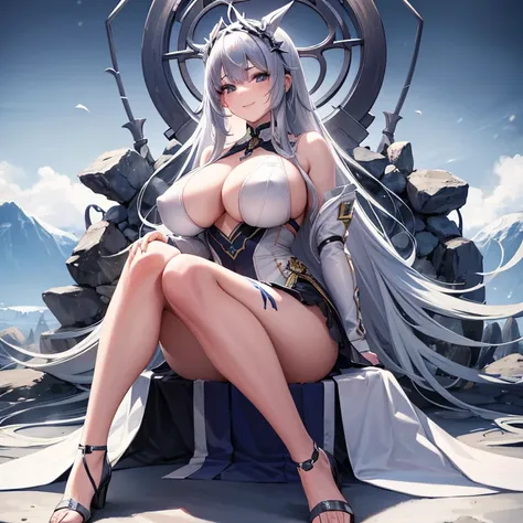 （（（（1 male、silver hair、bad wind、smile、warrior、snowfield、daytime、））））（（（masterpiece、highest quality、Super detailed、）））1 female、silver hairロングヘア、wave、bangs eyebrow cross、Silver eye、big breasts、lightly armed、lance、Gunplay、Silver costume、solid skirt、Lace tops、...