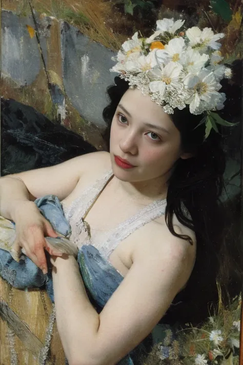 (oil painting:1.5),

a woman with long black hair and white flowers in her hair is laying down in a field of white flowers, (amy sol:0.248), (stanley artgerm lau:0.106), (a detailed painting:0.353), (gothic art:0.106) golden abstract expressionism and the ...