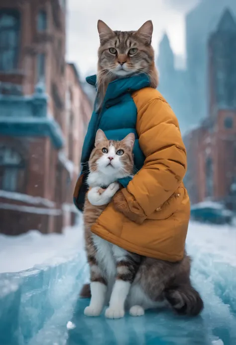 Photographing an ice city, and some cats, Wear a jacket, photorealistic colors, ultra high definition |