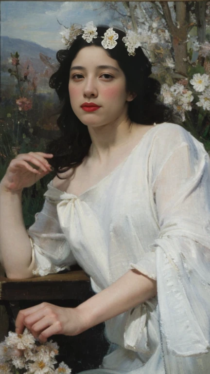 (oil painting:1.5),

a woman with long black hair and white flowers in her hair is laying down in a field of white flowers, (amy sol:0.248), (stanley artgerm lau:0.106), (a detailed painting:0.353), (gothic art:0.106) golden abstract expressionism and the ...