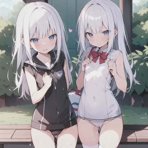 white hair,school swimwear,Loli,loli,small breasts,No breasts,slender,cute,It&#39;s exposed,cover your chest with your hands,lotion,Wet,love,embarrassed,love juice,Pussy,Pussyから液体,highest quality