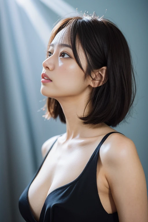 highest quality、可愛い日本人womanの写真、1 girl、profile、(extra detailed body、highly detailed face、highest quality:1.2)、woman、looking at the viewer、（Japanese kunoichi、ninja、Shuriken、Chest that can be exposed a little、plump breasts、Fancy Eye Makeup）dark brown short ha...