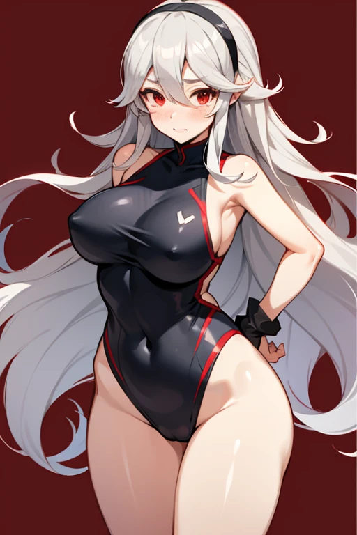 Red eyes, gray hair, long hair, curl, dragon, Corrin Fire emblem, tight swimsuit, blushed, thick