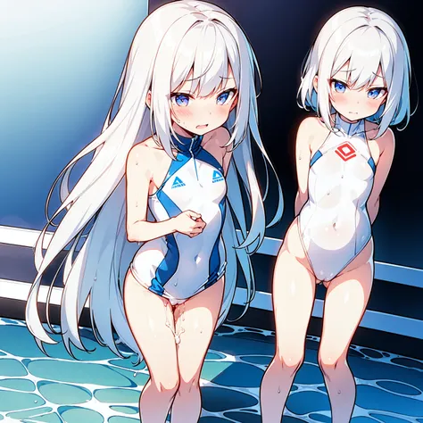 white hair,White competitive swimsuit,Loli,loli,small breasts,No breasts,slender,cute,It&#39;s exposed,cover your chest with your hands,lotion,Wet,love,embarrassed,love juice,Pussy,Pussyから液体,highest quality,Single unit