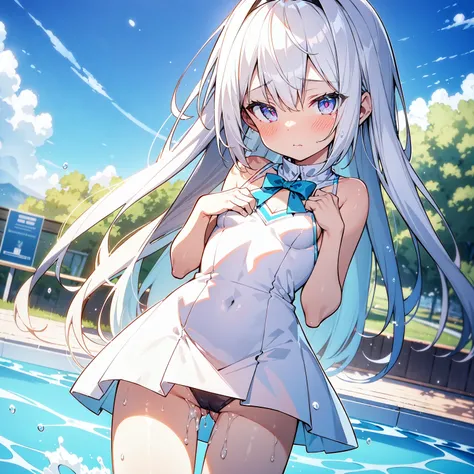 white hair,White competitive swimsuit,Loli,loli,small breasts,No breasts,slender,cute,It&#39;s exposed,cover your chest with your hands,lotion,Wet,love,embarrassed,love juice,Pussy,Pussyから液体,highest quality,Single unit