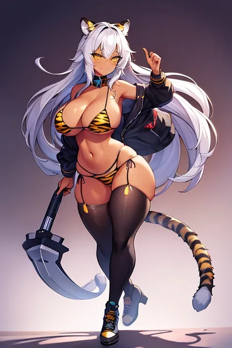 1girl, large breasts, wide hips, dark-skinned female, dark skin, white hair, yellow eyes, tiger print, tiger ears, highleg, highleg bikini, micro bikini, tiger tail, smile, smirk, smug, bar, thighhighs, full_body, ((full body)), standing, neon, neon trim, ...