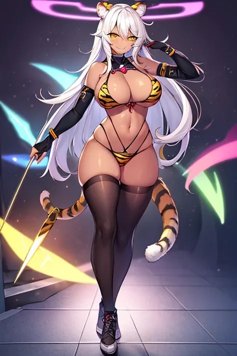 1girl, large breasts, wide hips, dark-skinned female, dark skin, white hair, yellow eyes, tiger print, tiger ears, highleg, highleg bikini, micro bikini, tiger tail, smile, smirk, smug, bar, thighhighs, full_body, ((full body)), standing, neon, neon trim, ...