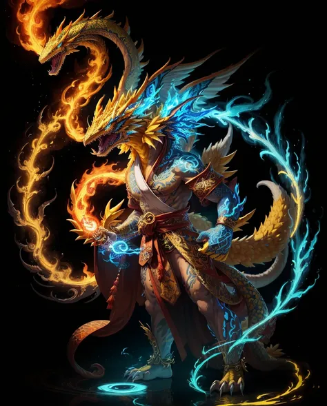 Anthropomorphic thunder Lizard, vivid yellow scales, white belly scales, white neck fluff, ying-yang tattoos, limbs wreathed in in light blue flames, yellow kitsune tails wreathed in light blue flames, red and white striped ribbon robe with gold at the end...