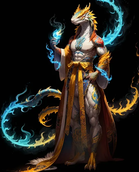 Anthropomorphic thunder Lizard, vivid yellow scales, white belly scales, white neck fluff, ying-yang tattoos, limbs wreathed in in light blue flames, yellow kitsune tails wreathed in light blue flames, red and white striped ribbon robe with gold at the end...