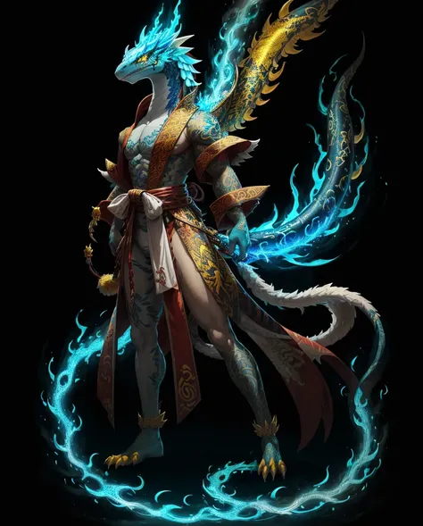 Anthropomorphic thunder Lizard, vivid yellow scales, white belly scales, white neck fluff, ying-yang tattoos, limbs wreathed in in light blue flames, yellow kitsune tails wreathed in light blue flames, red and white striped ribbon robe with gold at the end...