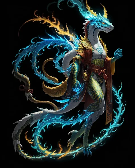 Anthropomorphic thunder Lizard, vivid yellow scales, white belly scales, white neck fluff, ying-yang tattoos, limbs wreathed in in light blue flames, yellow kitsune tails wreathed in light blue flames, red and white striped ribbon robe with gold at the end...