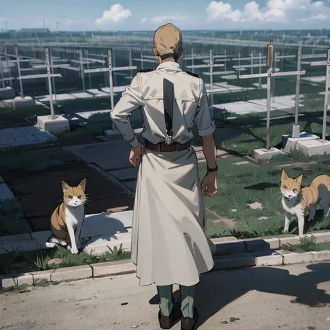 kishibe personaje del anime, chainsaw man, sosteniendo una jaula con un gato adentro, en la sima denun edificio, de fondo el cie...