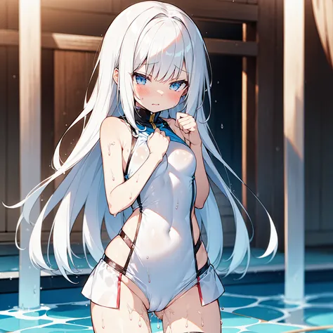 white hair,White competitive swimsuit,Loli,loli,small breasts,No breasts,slender,cute,It&#39;s exposed,cover your chest with your hands,lotion,Wet,love,embarrassed,love juice,Pussy,Pussyから液体,highest quality,Single unit,Crotch shift