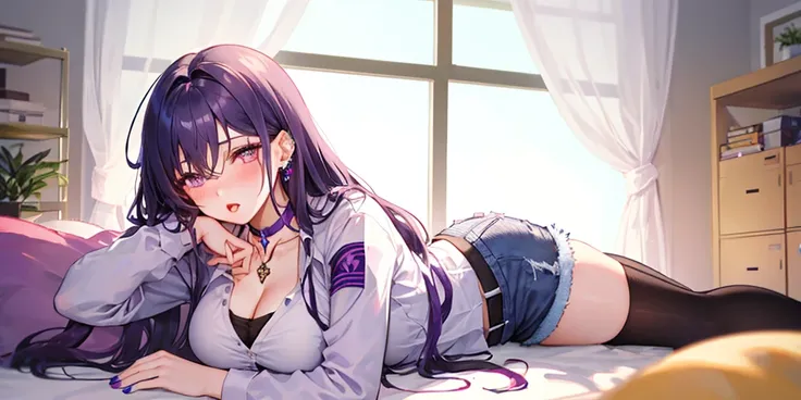 (Lie on the ground:1.3), Keqing, genshin impact, 1 girl, alone, ((white shirt)), black Thighhighs, chest, cleavage, uniform, office background, denim shorts, office, hair between eyes, messy hair, large chest, hair ornaments, long hair, looking at the view...