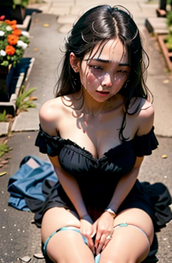 hyper photorealistic, 全身figure, grave visiting style, girl in black dress, are crying, i shed tears in front of the grave, strai...