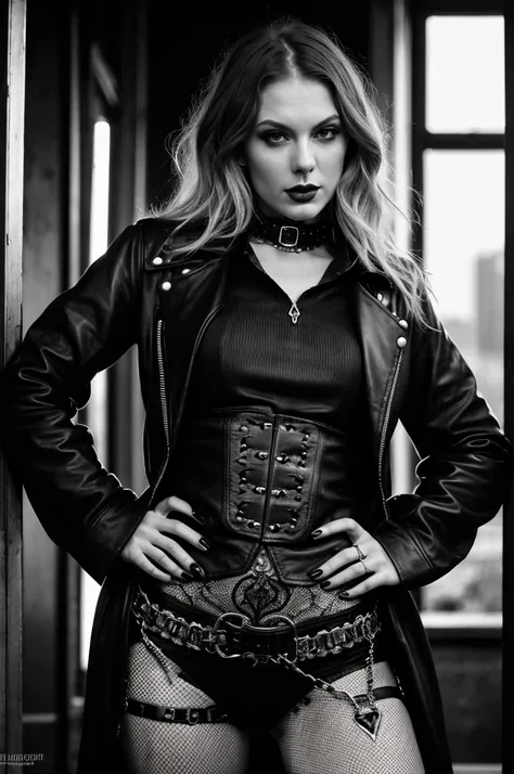 (best quality, highres, ultra-detailed, realistic:1.37), Taylor Swift singer posing for a photo, full body, beautiful female punk, gothic top model, dark piercing eyes, extremely detailed eyes and face, beautiful detailed lips, long eyelashes, nasty gaze, ...