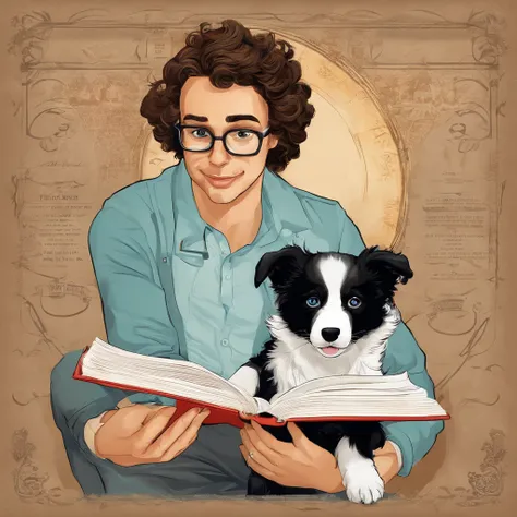  (((Raise a 3-year-old baby using only body fraud, baby holding an open book, The baby is reading a story to the Border Collie puppy on his left side))), the baby has hair with golden curls, super cute baby blue eyes (((ele usa apenas frauda))) and the Bor...