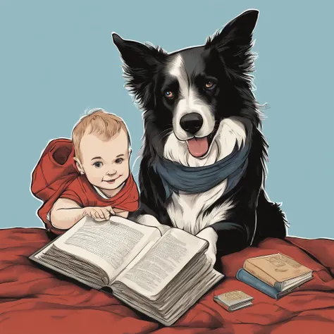  (((Raise a 3-year-old baby using only body fraud, baby holding an open book, The baby is reading a story to the Border Collie puppy on his left side))), the baby has hair with golden curls, super cute baby blue eyes (((ele usa apenas frauda))) and the Bor...