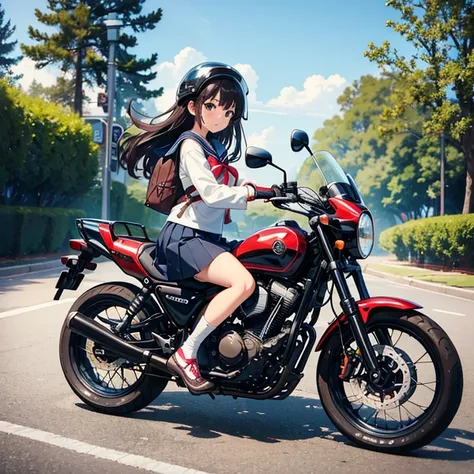 ((masterpiece,highest quality, High resolution)), 1 girl, alone,Straddling a motorcycle,High school girl,Super Cub,delivery bike,Honda,From the back,look back at me,sailor suit,pleated skirt,jet helmet,feet on the ground,country road,black hair,brown eyes,...