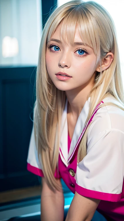 bust shot、pink sailor suit、uniform、Very beautiful Swedish 16 year old beautiful girl、shiny dazzling shiny skin、Beautiful messy bangs between the eyes、Very long and straight silky beautiful platinum blonde、super long straight hair、eyeliner、small face、big、 B...