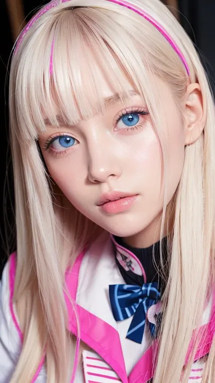 bust shot、pink sailor suit、uniform、Very beautiful Swedish 16 year old beautiful girl、shiny dazzling shiny skin、Beautiful messy bangs between the eyes、Very long and straight silky beautiful platinum blonde、super long straight hair、eyeliner、small face、big、 B...