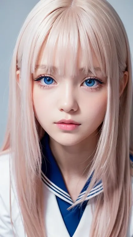 bust shot、pink sailor suit、uniform、Very beautiful Swedish 16 year old beautiful girl、shiny dazzling shiny skin、Beautiful messy bangs between the eyes、Very long and straight silky beautiful platinum blonde、super long straight hair、eyeliner、small face、big、 B...