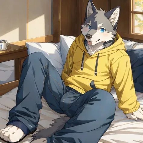 male gray wolf, kemono, lay on bed, wearing yellow hoodie and jeans, bright blue eyes, cute smile, blep, blush, fix posture, high quality 