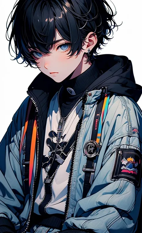 high quality, amount of drawing, pixiv illustration, pvc jacket, aurora jacket, beautiful young man, black hair, short hair, aur...