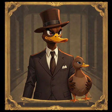 A shifty looking man in a suit and tie and hat with a captured brown duck wanting to trade, in card art style
