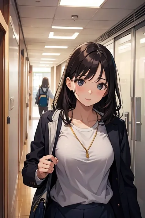 university student、campus、corridor、Run、beautiful mature woman、Upper body