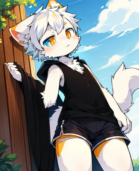 Whole body white fur cat ears fluffy cat tail male cub bright orange eyes and blue eyes spring blue sky white clouds white striped shorts black vest gold striped cloak short silver hair cute person