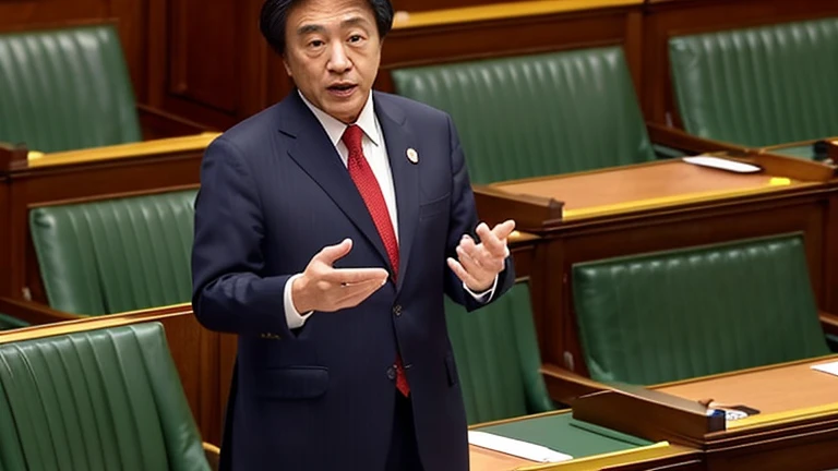 news photos, Scene at the Diet, riding a motorbike in parliament, politician riding a motorbike, suit, Japanese, young, male, speaking in parliament, serious expression,