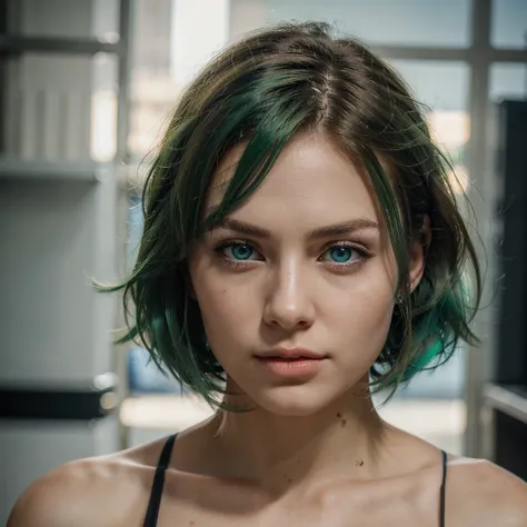 (a high quality, 8K, UHD, hyper-realistic) A beautiful blonde woman with mesmerizing blue eyes and delicate features, her skin flawlessly sculpted, and green hair.