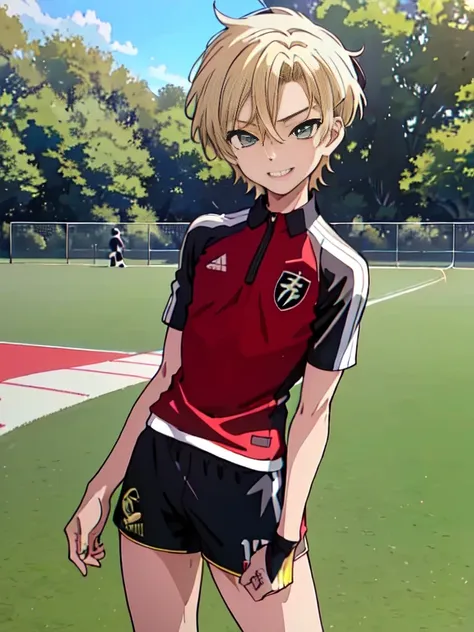 official art,anime screen cap、Super thin illustration、 High resolution, muste piece, best quality,best quality,high quality, detailed,  (little boy),12 years old, A young ace striker male idol with a super cute face,A boy as beautiful as Planding, Cool han...