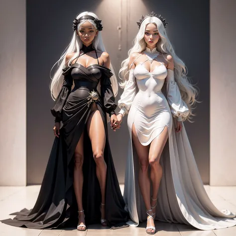 Best quality, best definition, best art, artwork, beautiful, painting, white hair, long white hair, perfect hair, long hair, perfect skin, black skin, brown skin, black skin, dress, long white dress, white dress, greek goddess dress, full body, whole body.