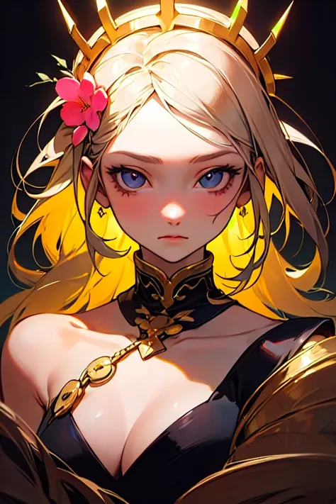 Intricately designed digital drawing of a young girl adorned with a radiant flower crown, akin to the unique artistic styles of Frank Cho and Elina Karimova. Embodied within the Mono-ha aesthetic, the girl showcases a resolute facial expression, softened b...