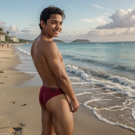 13 year old man on the beach, mexicano, nadador, vista posterior, smiling