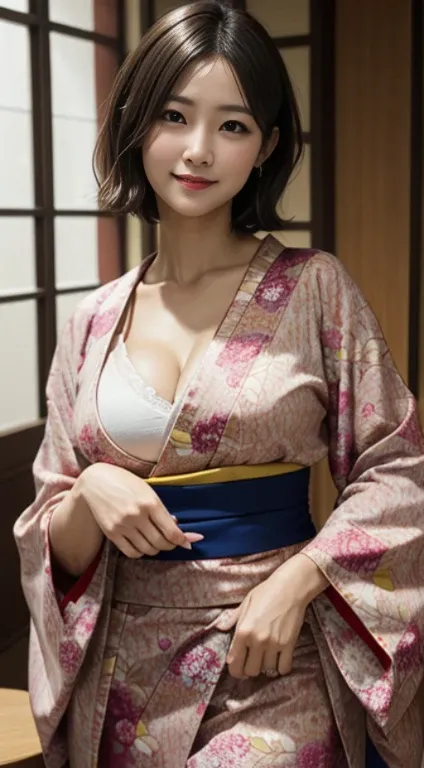 table top, highest quality, figure, super detailed, finely, High resolution, 8k wallpaper, 完璧なダイナミックな構figure, beautiful and fine eyes,,short bob hair,smile,40 year old female、sexy、big breasts、cleavage is visible、wearing a kimono、A little plump、mature woman...