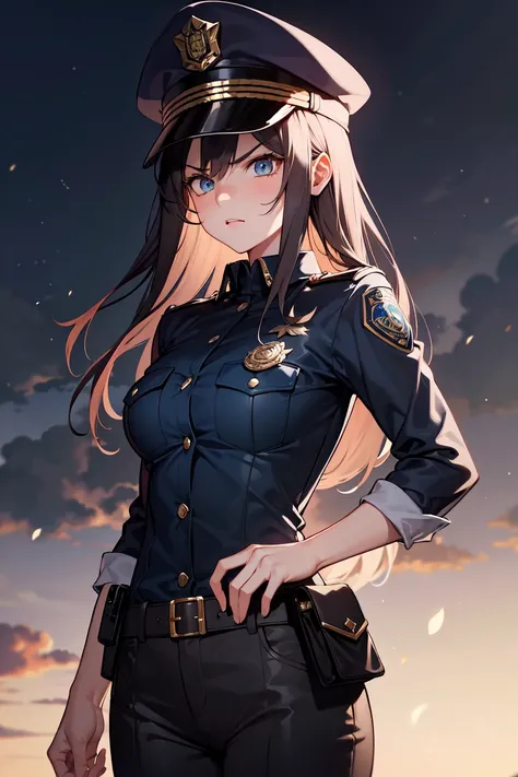 masterpiece, best quality, ultra-detailed, high resolution, absurdres, 1girl, police uniform, angry