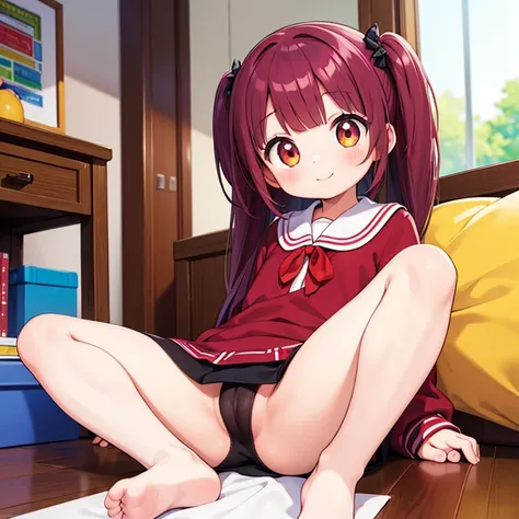 ((masterpiece,highest quality, High resolution)), 1 girl, Kindergarteners,little girl,bottomless,looking at me,shy,smile,long hairstyle,Maroon hair color,brown eyes,No underwear,Pussy,spread legs