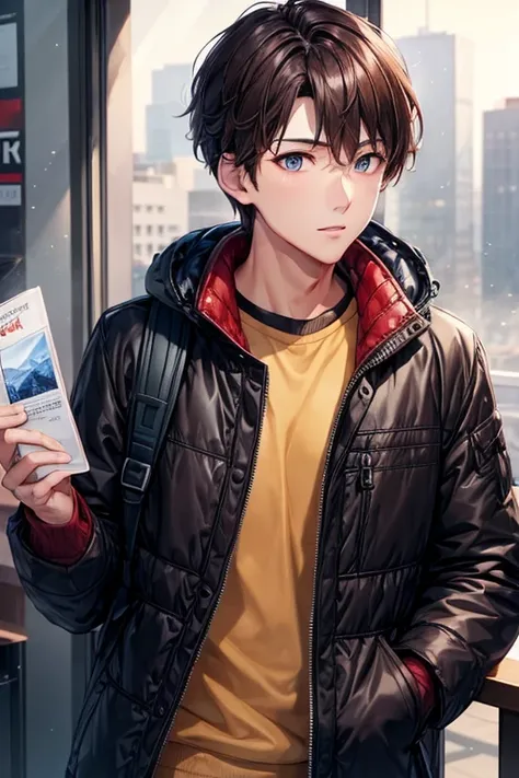 a handsome guy、Winter clothes、brown short hair、long sleeve、headphones、rucksack、in the city、Window Shopping、High resolution、In 8K、sharp focus、zoom、with the best image quality、highest quality