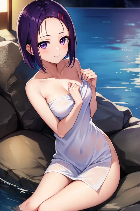 harunasairenji, haruna sairenji, hair ornament, hairclip, (purple eyes:1.1), purple hair, short hair, swept bangs, (forehead:1.3),
masterpiece, best quality, haruna, 1gir,BREAK medium breasts, crossed legs, sitting, looking at the viewer, onsen, stone, nig...