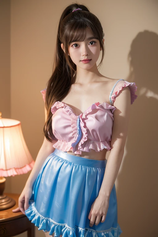 Smile、night、original photography、(((ultimate beauty portrait)))、((sparkling skin))、1 girl、Beautiful 15 year old girl from Prague、bright expression、((brown hair))、(blue and red clothes),(B cup no)、(frilly skirt:1.5)、((Big eyes sparkling like gems))、cardigan...