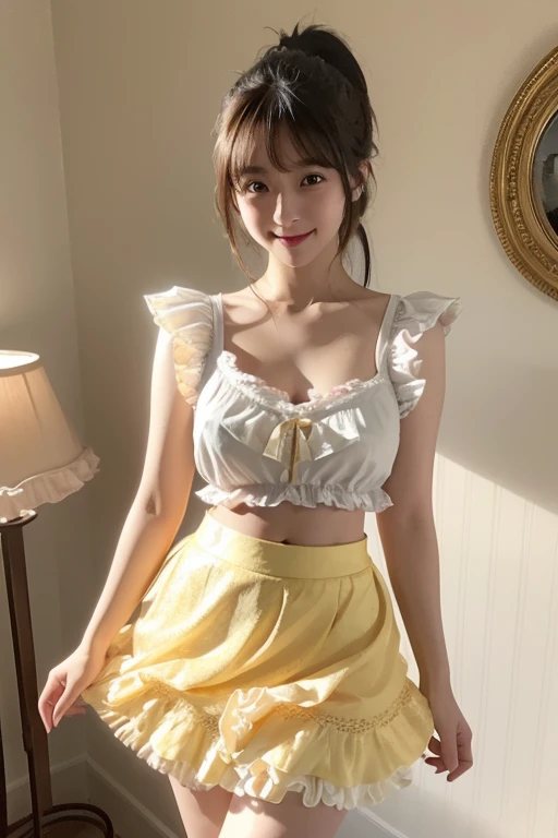 Smile、night、original photography、(((ultimate beauty portrait)))、((sparkling skin))、1 girl、Beautiful 15 year old girl from Prague、bright expression、((brown hair))、(Yellow and white clothes),(B cup no)、(frilly skirt:1.5)、((Big eyes sparkling like gems))、card...