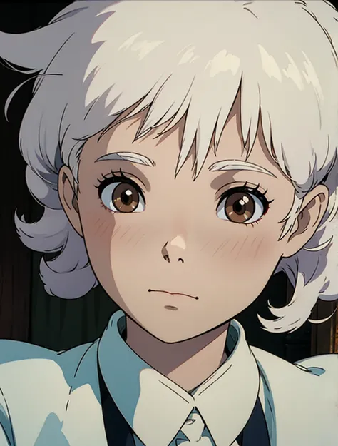 A young (gender neutral) person with curly white hair and dark brown eyes with long eyelashes, pale skin with rosy cheeks and an innocent look in his eyes