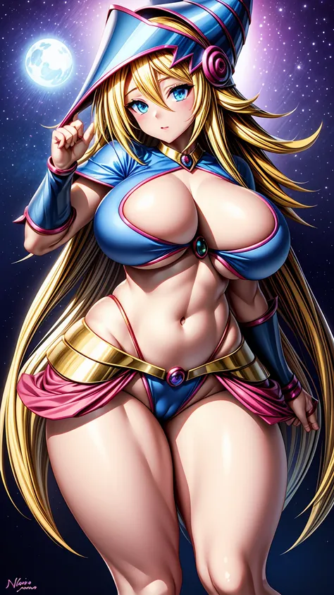 blonde_hair blue_eyes blush curvy clothing dark_magician_girl, duel_monster female hat high resolution hips huge_breasts looking_at_viewer magic_girl navel solo yu-gi-oh!, 