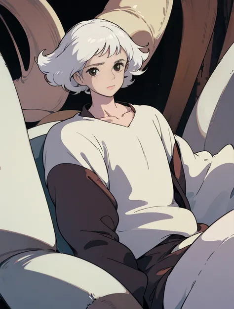 A young (gender neutral) person with curly white hair and dark brown eyes with long eyelashes, pale skin with rosy cheeks and an innocent look in his eyes, full body, wearing comfy clothes, early 20s