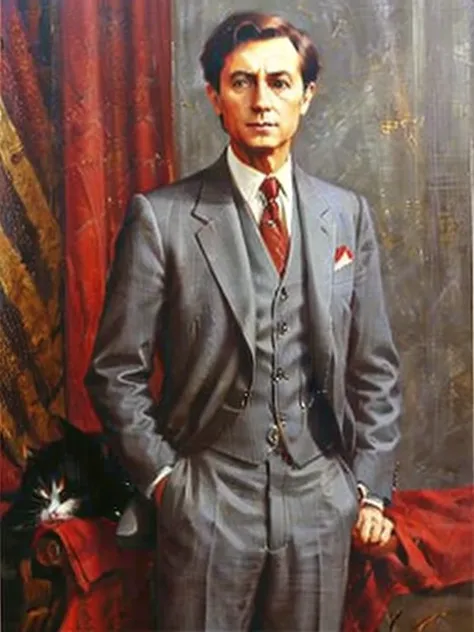 A man in an expensive red three-piece suit, 30 years old, trimmed dark brown hair, holding a short haired gray cat, background is dark, in the style of an oil portrait