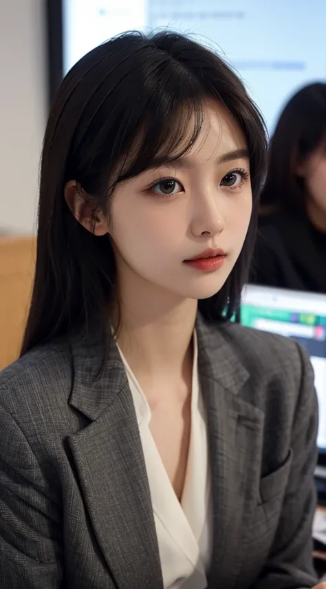 High-res, Realistic portrait of professional korean office lady with perfect skin，Professional suits，Womens suits，stand posture，The upper part of the body，Women in the workplace，Show confidence and maturity, Surrounded by a modern corporate environment, Vi...