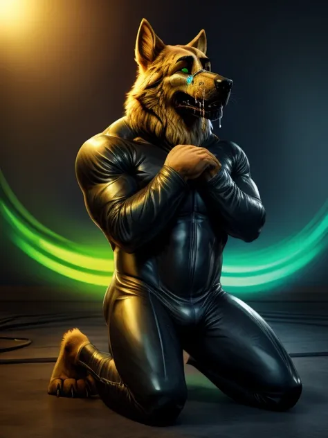 Barefoot Smirnov wears black ninja suit, tebowing, kneeling, detailed nice big dog feet paws with claws, in a trance, a expression of weak resistance to hypnosis on his face, drooling, green glow in his eyes, brainwashed look. high resolution, anatomically...